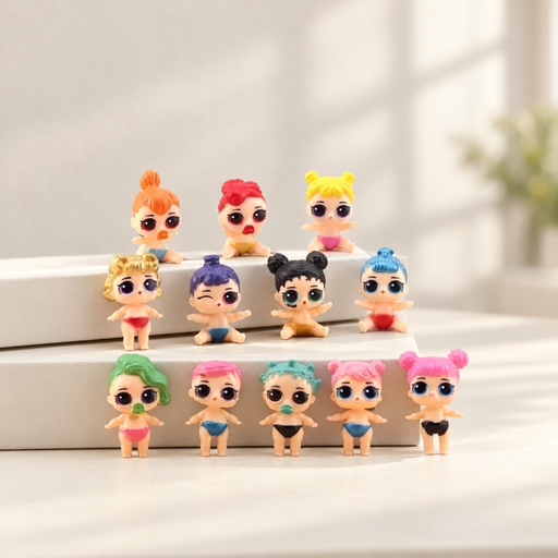 Twelve colourful miniature dolls arranged on ivory steps.