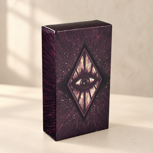 Dark plum tarot deck box with an eye and radiating diamond illustration.