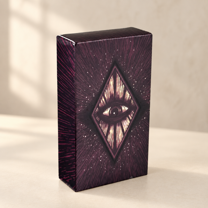 Dark plum tarot deck box with an eye and radiating diamond illustration.