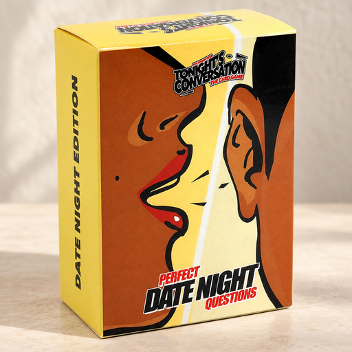 Yellow conversation card game box on an ivory tabletop