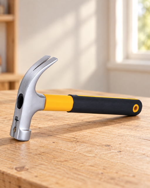 Claw hammer with a yellow and black handle on a pale wooden workbench.
