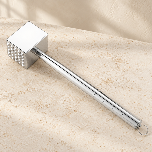 Silver meat tenderizer on ivory stone