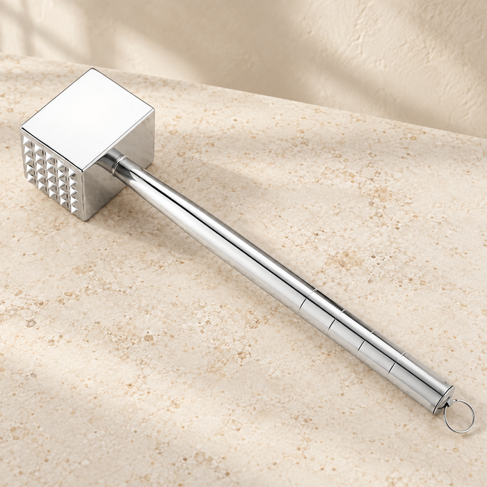 Silver meat tenderizer on ivory stone