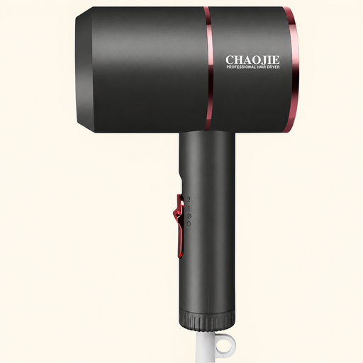Black CHAOJIE hair dryer with rose-metal accents against an ivory background.