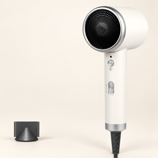 White and silver hair dryer with a black grille and detached black concentrator