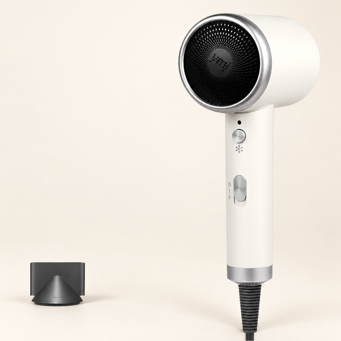 White and silver hair dryer with a black grille and detached black concentrator