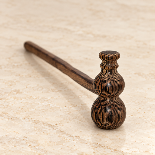 Dark striped wooden massage hammer resting on ivory stone