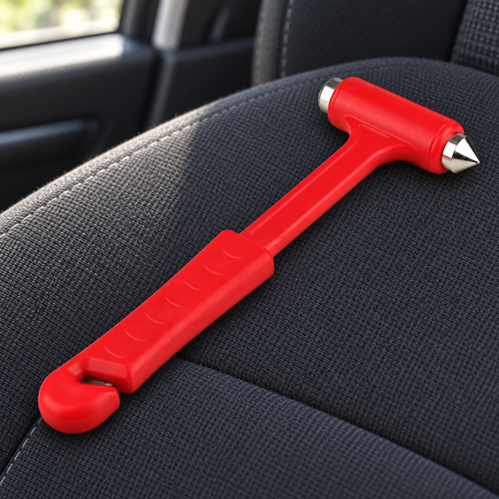 Red window breaker and belt cutter resting on a dark fabric car seat.