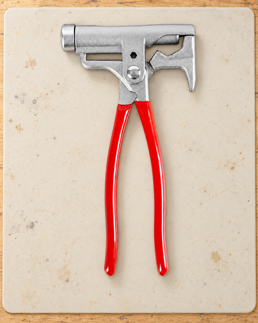Silver multifunction hammer pliers with red handles on a work mat.