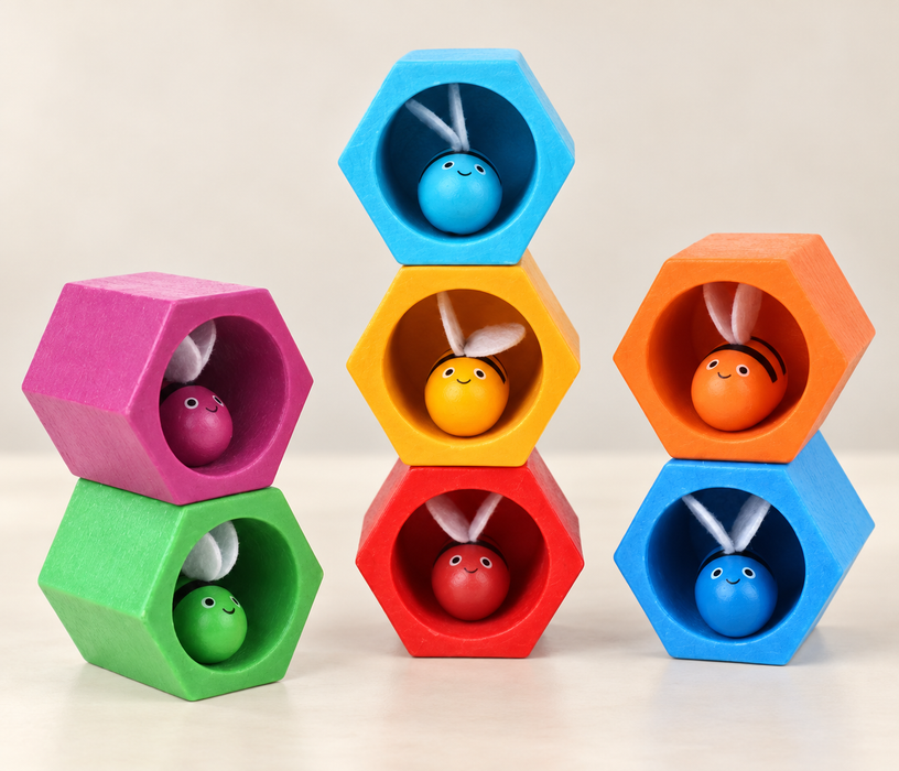 Seven colourful wooden bee cells and matching bees arranged on an ivory table.