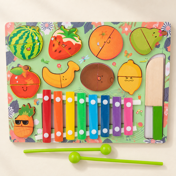 Wooden fruit activity board with colourful xylophone bars and two mallets