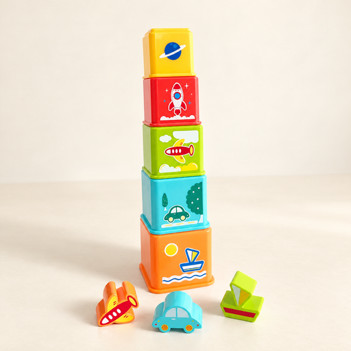 Five colourful stacking activity boxes with three vehicle blocks on an ivory tabletop.