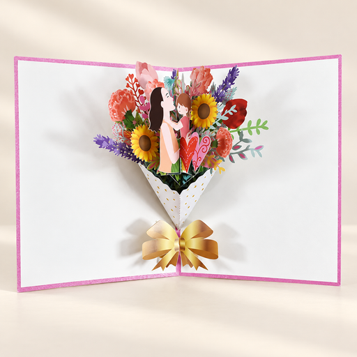 Open floral pop-up greeting card with mother and child illustration