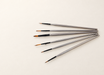 Six silver-handled paint brushes arranged in a fan on an ivory surface