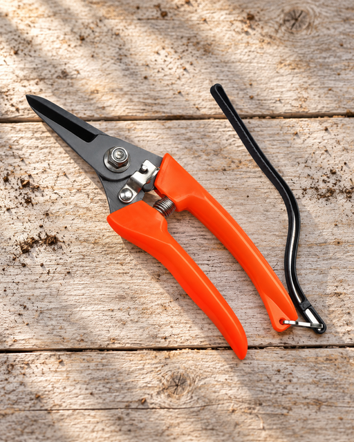 Orange-handled pruning scissors with a black wrist strap on a weathered wooden bench.