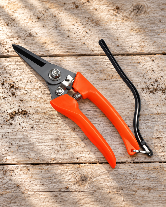 Orange-handled pruning scissors with a black wrist strap on a weathered wooden bench.