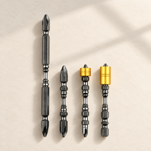 Four metal driver bits with two gold magnetic sleeves on ivory tabletop