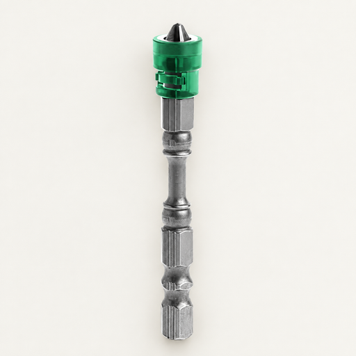 Green-collared metal driver bit on an ivory surface.