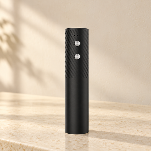 Black electric wine opener on ivory countertop