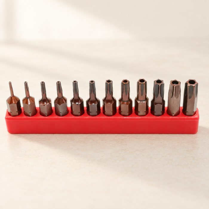 Twelve hollow Torx driver bits in a red holder on ivory tabletop