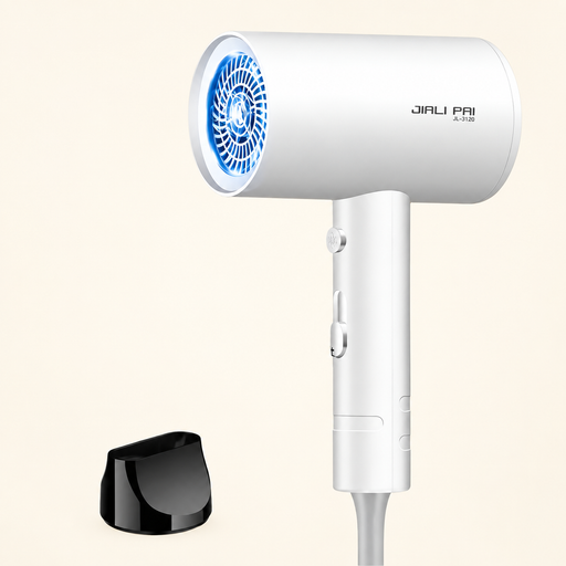 White hair dryer with a blue grille and separate black nozzle against an ivory background.