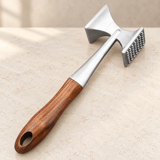 Wood-handled double-sided tenderizer on ivory stone
