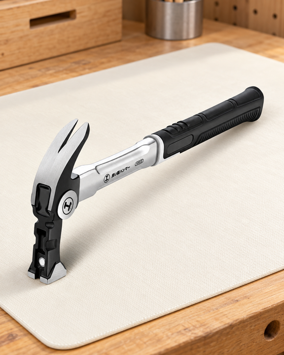 Black and silver claw hammer on an ivory work mat.