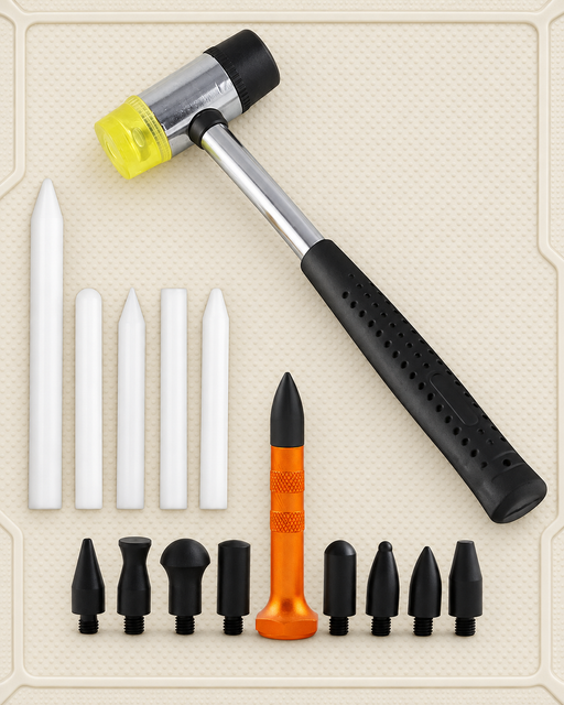 Dent repair kit with a dual-face hammer, white rods and interchangeable black tips on an ivory mat.