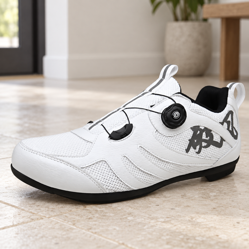 White cycling shoe with a black rotary fastening dial and black sole on a light stone entryway floor.