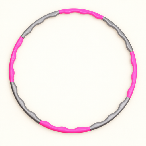Pink and grey segmented fitness hoop on an ivory surface