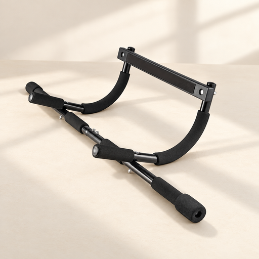 Black doorway pull-up bar resting on an ivory surface.