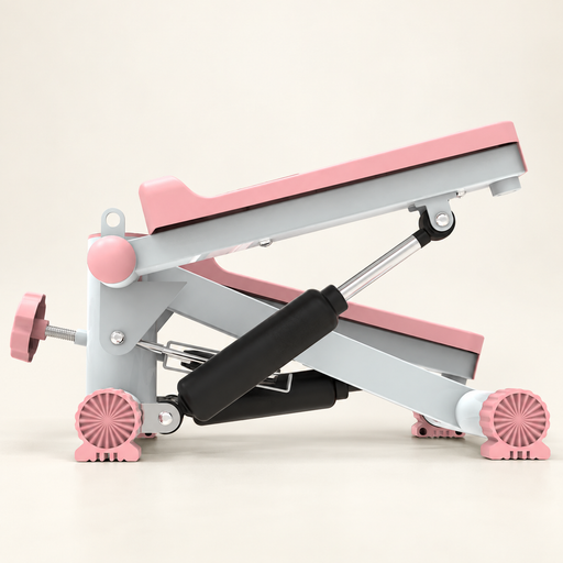 Pink and white exercise stepper in side view on ivory floor