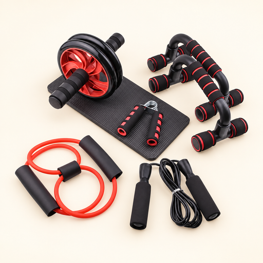 Black and red exercise set arranged on ivory surface