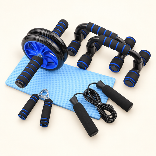Blue and black home workout set on ivory surface