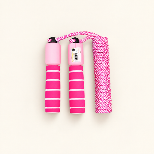 Pink and white counting jump rope on ivory surface