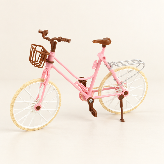 Pink miniature bicycle toy with brown basket on ivory tabletop