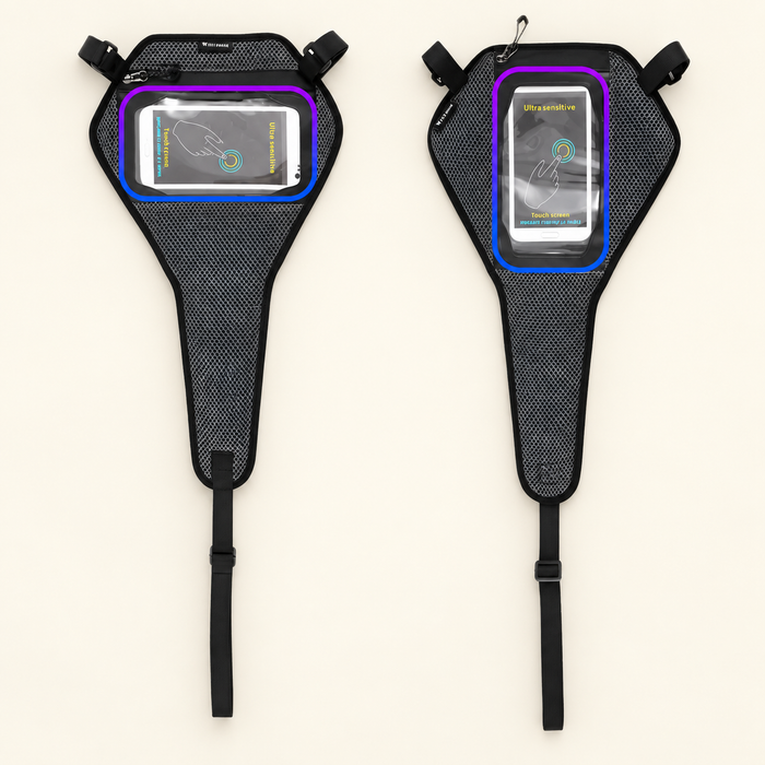 Black bicycle trainer sweat guard shown in two phone-window orientations on an ivory surface.