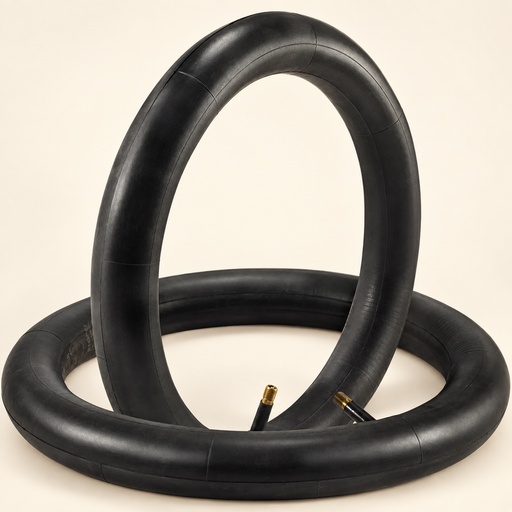 Two black bicycle inner tubes with brass valves on ivory surface