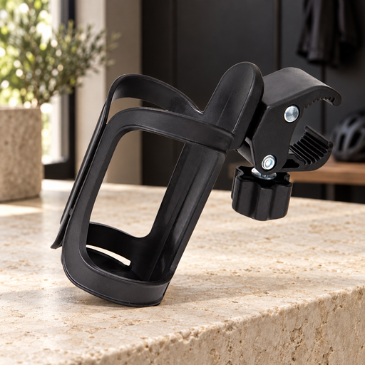 Black bottle holder with adjustable clamp on an ivory stone bench.