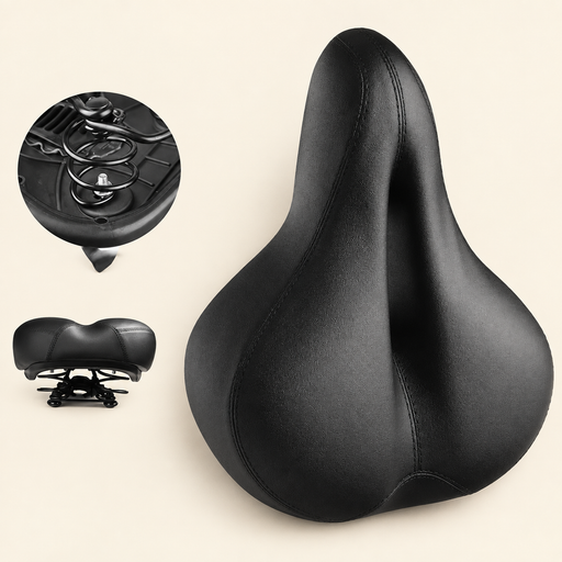 Black bicycle saddle with spring and rear-view detail insets