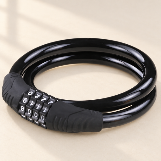 Black coiled bicycle cable lock with four combination dials