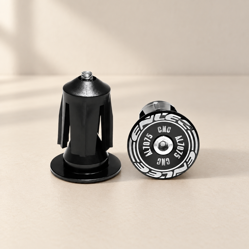Black bicycle handlebar end plugs with silver bolts and white circular lettering