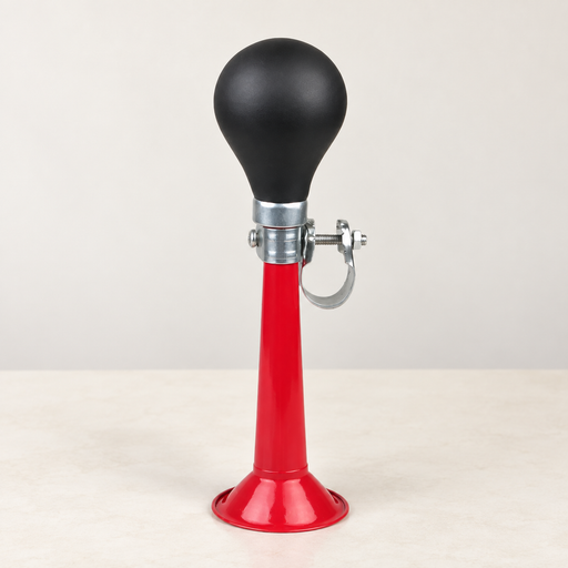 Red bicycle bulb horn with chrome clamp on ivory tabletop