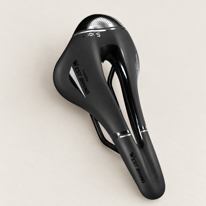Black hollow bicycle saddle with silver detailing