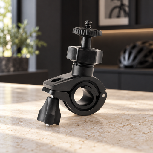 Black bicycle camera mounting clamp on an ivory stone work surface.