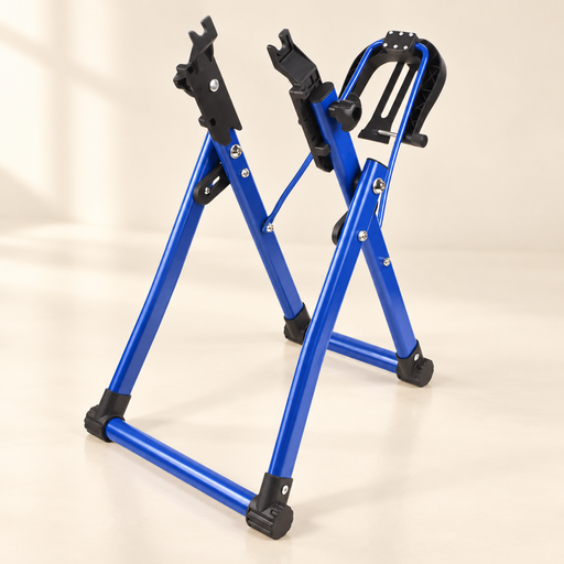 Blue folding bicycle repair stand on ivory floor