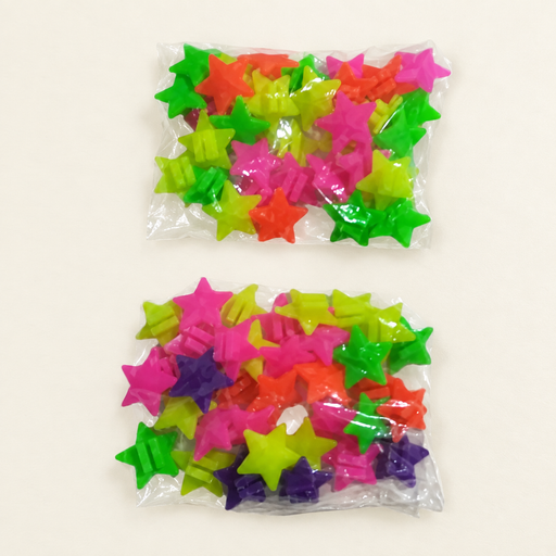 Two packets of colourful star-shaped bicycle spoke beads