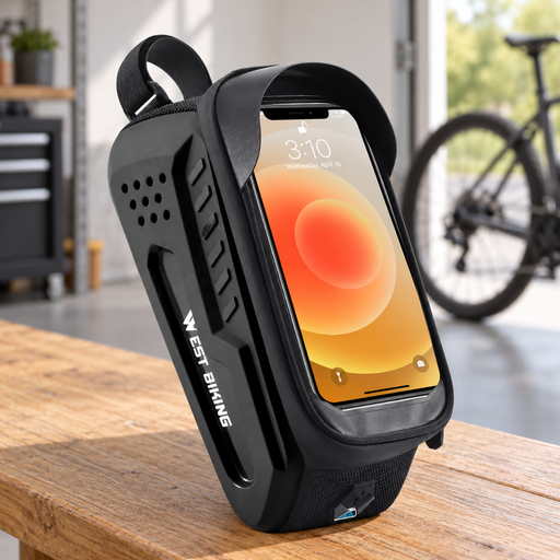 Black hard-shell bicycle phone bag on a wooden bench, shown holding a phone for illustration.