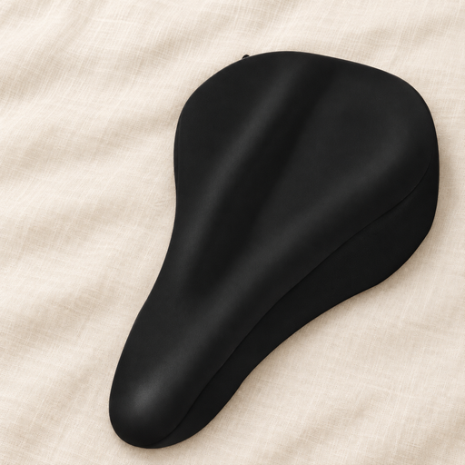 Black padded bicycle saddle cover on ivory linen