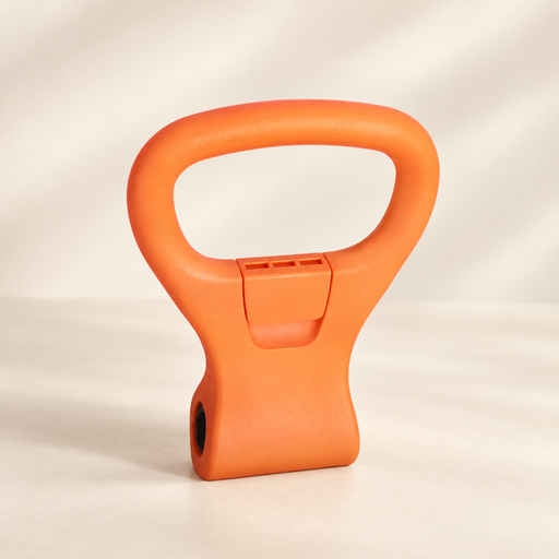 Orange dumbbell adapter handle on ivory surface